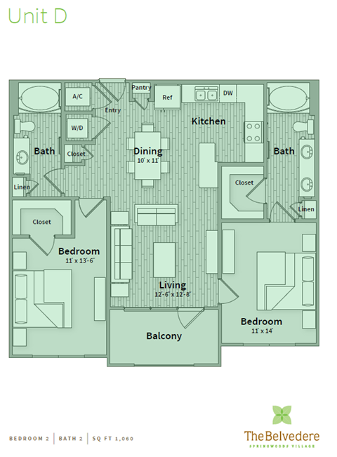 Floor plan for 2 beds, 2 baths, 1060 sqft